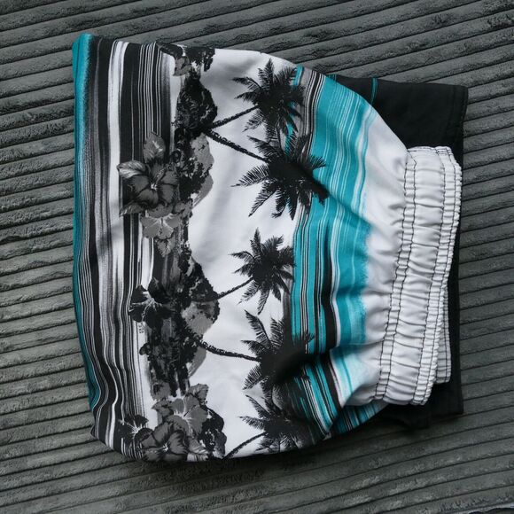 Burnside Boys Swim Trunks Small Board Shorts Palm Tree Blue White Black Tropical - Picture 8 of 12